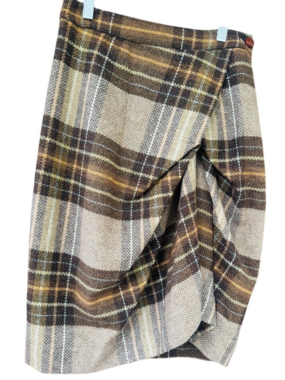 Cartonnier Anthropologie Plaid Wrap Skirt Size 2 Wool Blend Brown Beige Turkey